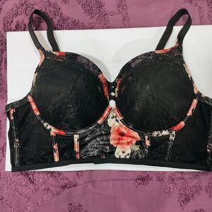 torrid Black Floral Lace Longline Bra with Red & Cream Accents